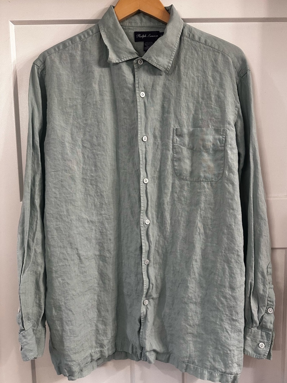 Purple Label Ralph Lauren Men's Sage Green Linen Button-Down Shirt